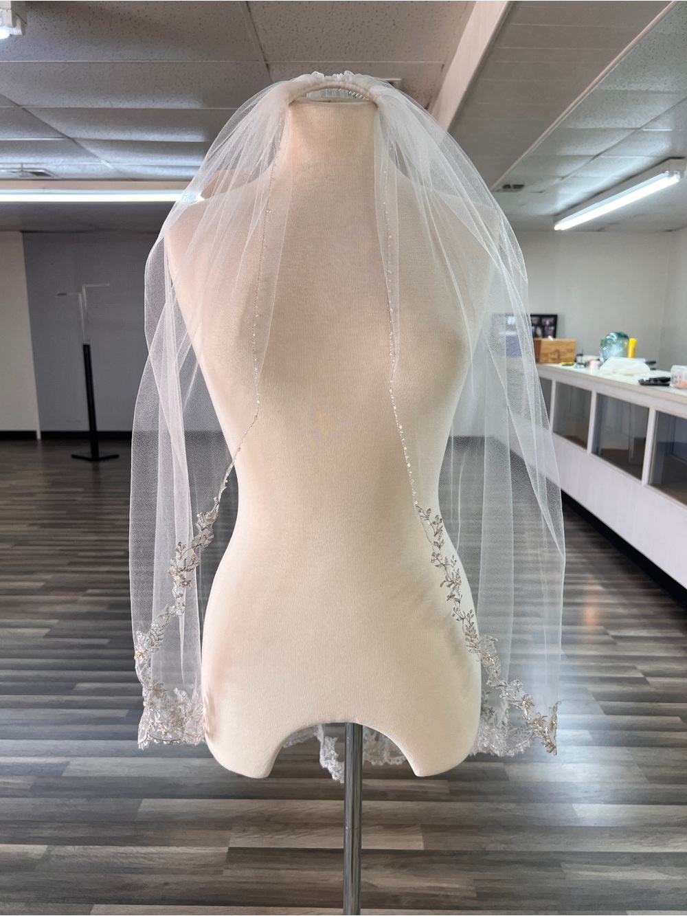 Bridal Veil with Silver Embroidered Edge - White